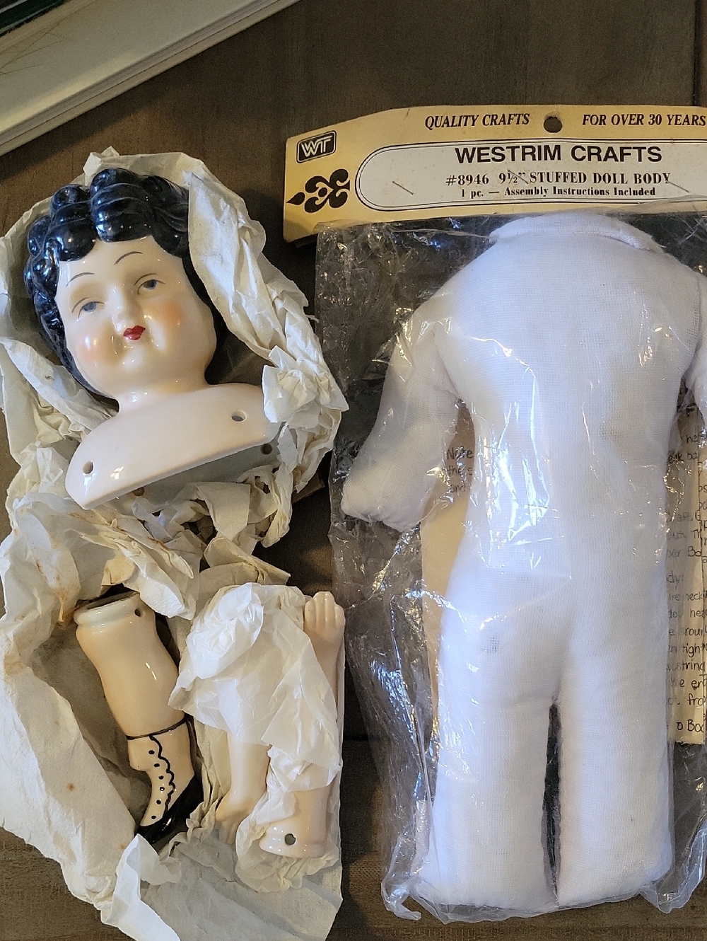 Porcelain Doll Parts With Stuffed Doll Body 9 1/2 Inch